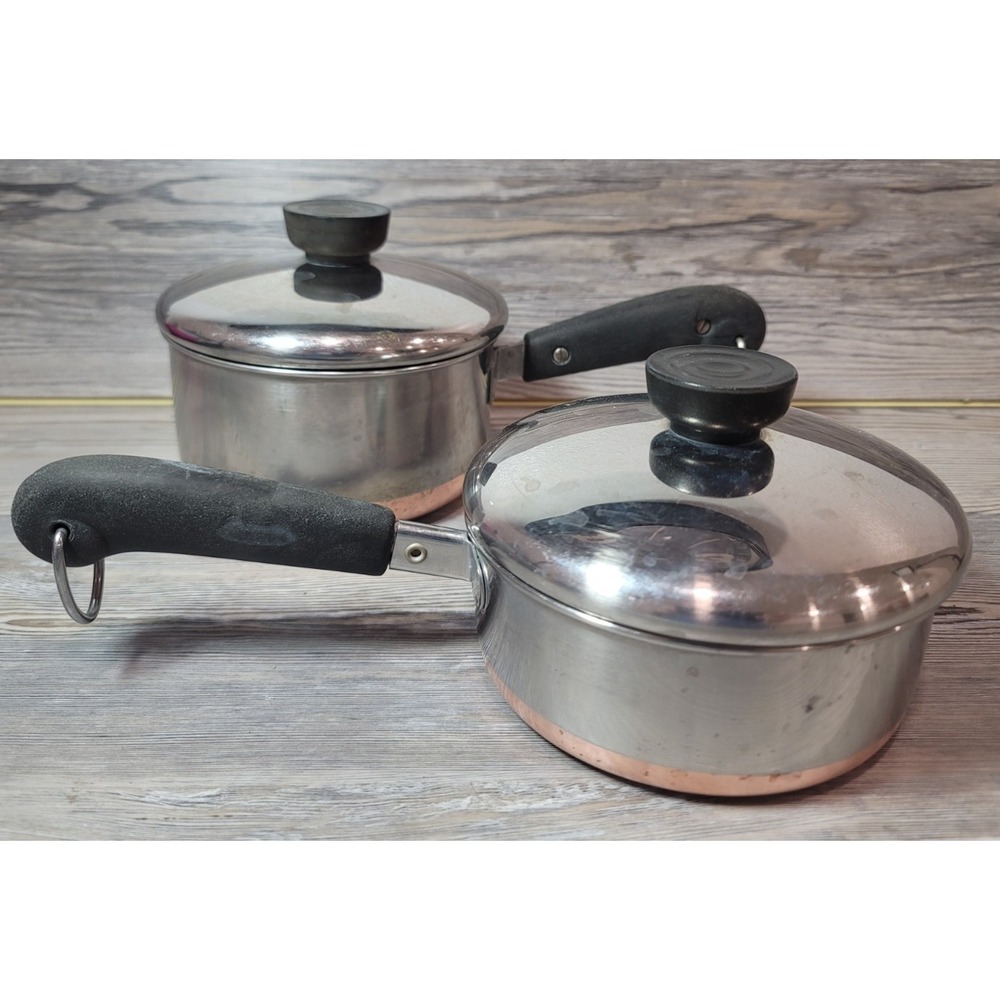 Vintage 2 Revere Ware Copper Bottom saucepan w/ lids sits flat 3cp, 4cp